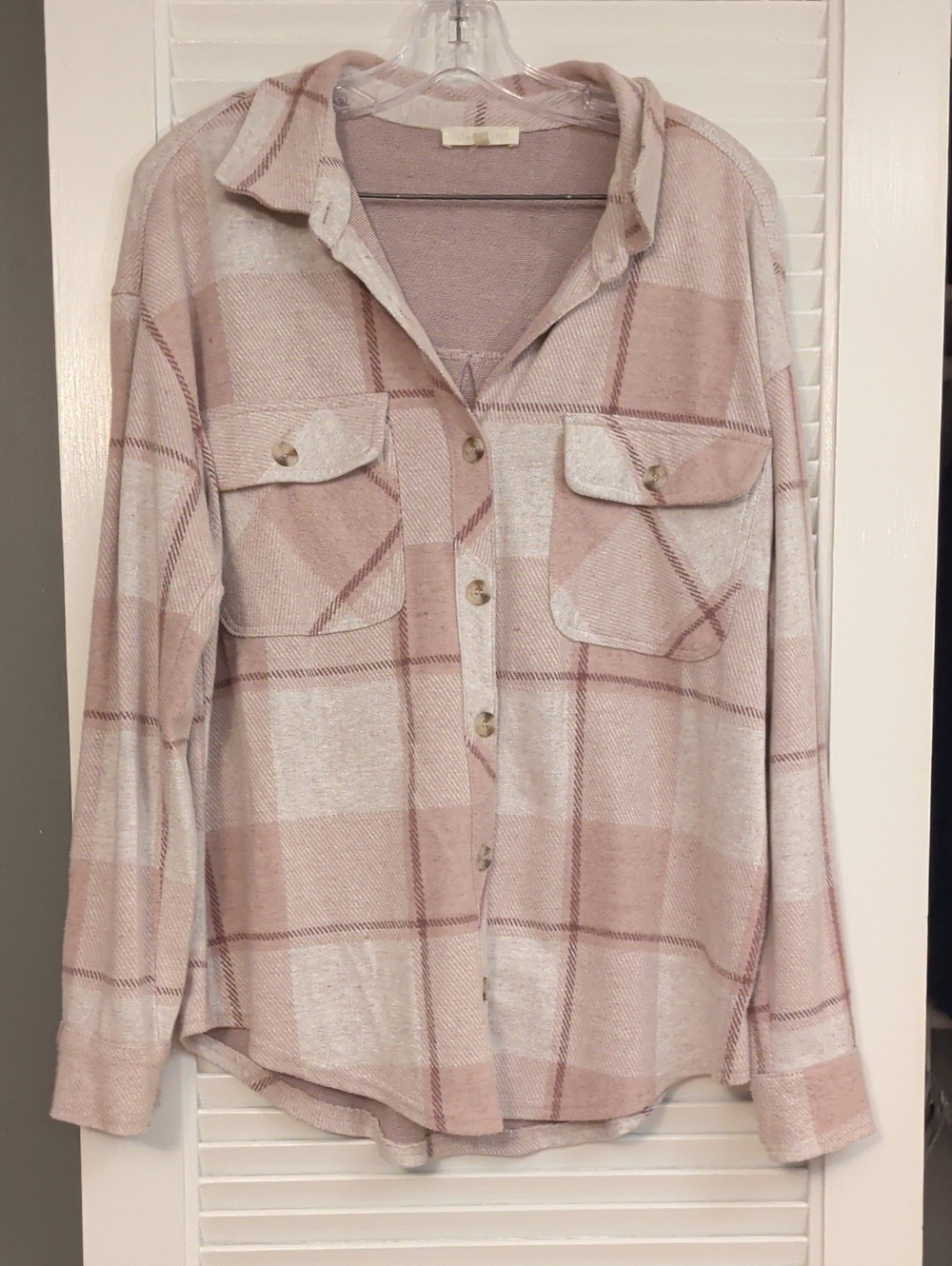 Ultra Flirt Blush Pink Plaid Button-Up Sweater Shirt